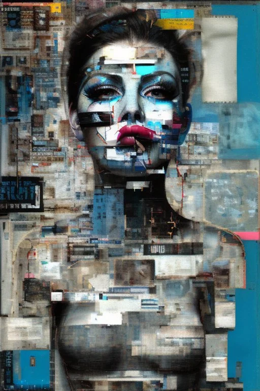 Ultra detailed medium portrait painting of a beautiful woman, she is crying and upset, masking tape on her mouth, blue brushed eye, torn up collage of clippings, broken circuitry background, matrix effects, punk visual art, punk art aesthetic, graffiti art, pop surrealism, collage art, cluttered paint glitches