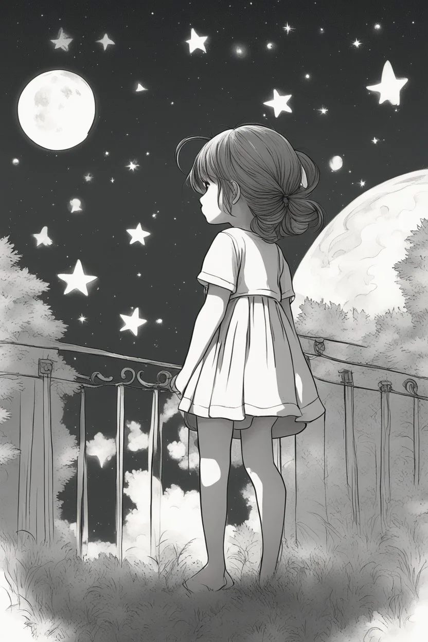 A little girl gazing at the night sky filled with stars and crescent moons. Incorporate stars of different sizes and crescent moons for a dreamy scene..,very happy , Colloring page for todlliers ; basic hawali style cartoon , black and white , ink outlines , , smooth , anime style , minimalist , cute eyes , full body , white shose , sketchbook , realistic sketch , free lines , on paper , character sheet , clean line art high detailed