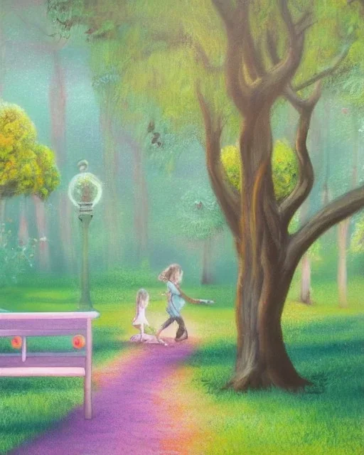 park mystical dream, park bench, man, woman, child, dog, trees, path, bird, sunshine, mystical, fantasy, romanticism, pastel colors, daylight, daytime, acrylic painting, detailed,