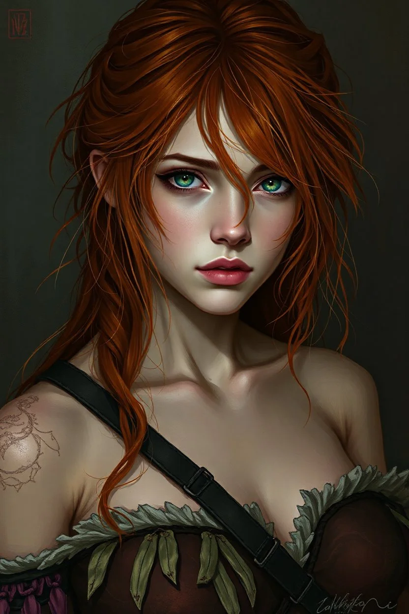 a pretty fantasy woman, young,messy ginger hair, protective, troubled, dark fantasy art