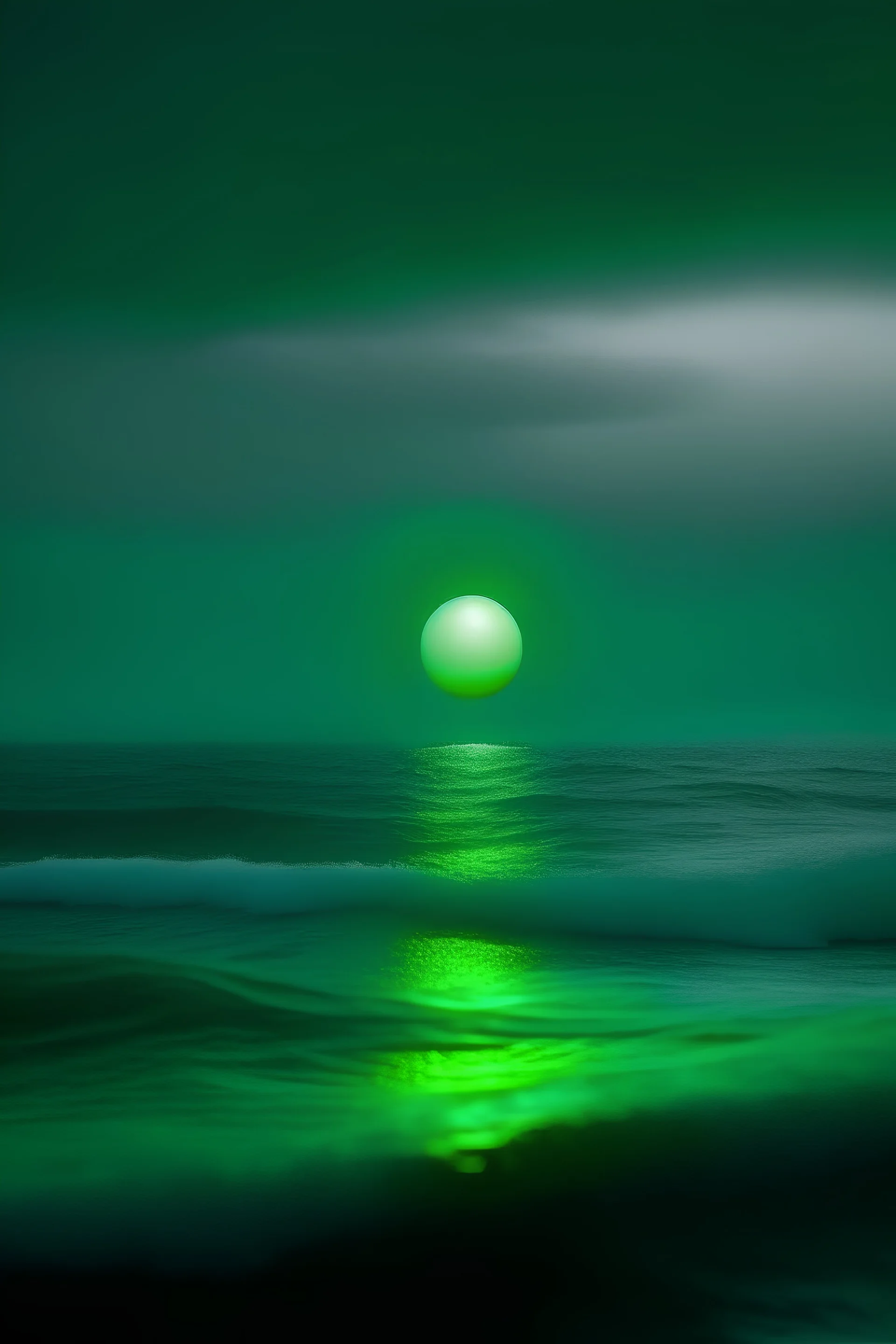 Green glowing orb floating in a foggy sky. The orb is in the air hovering over a stormy ocean