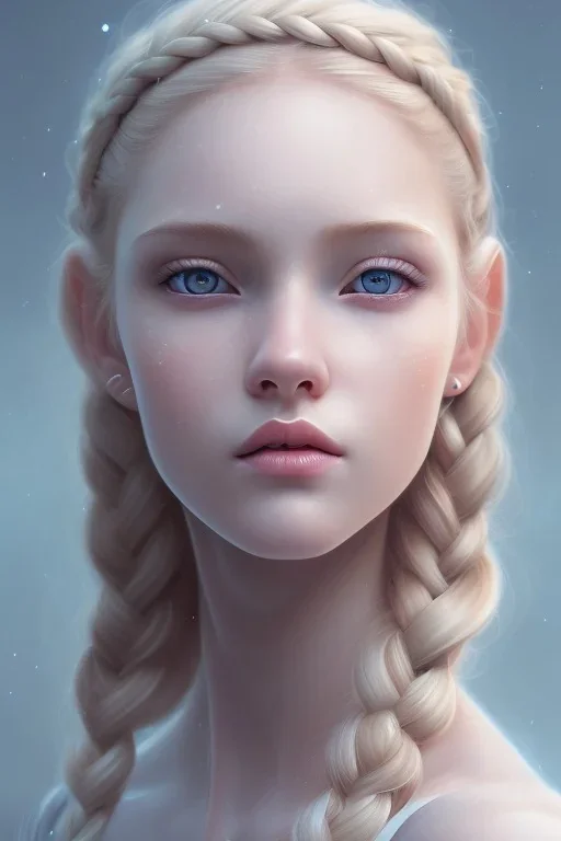 20 year old girl, cute, beautiful, blonde hair, one loose braid, blue eyes, big eyes, pale skin, blue dress, ice dress, long eyelashes, pink lipstick, thin lips, small nose, semirealistic, 8k resolution concept art portrait by Greg Rutkowski,