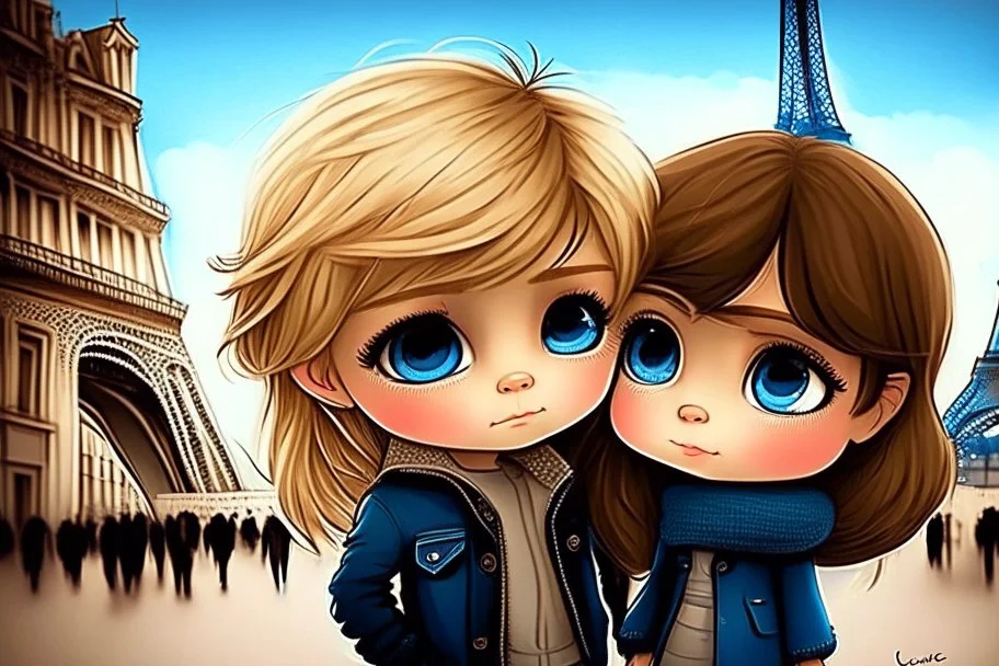 cute brown haired brown eyed mexican chibi boy and a blonde blue eyed chibi girl in love in Paris