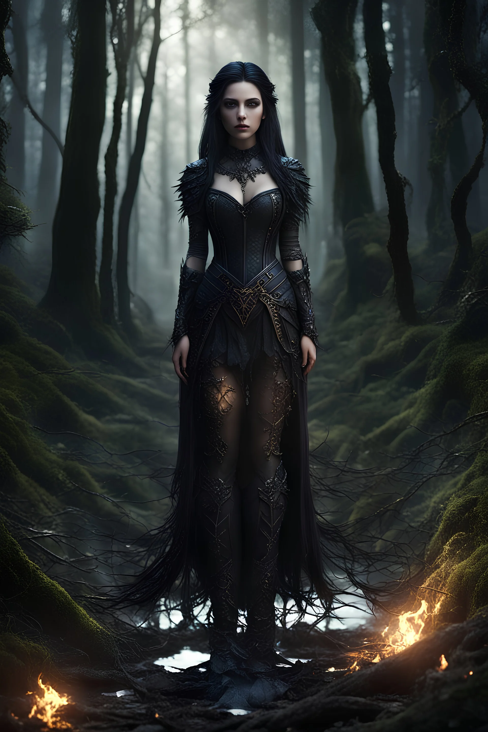 Beauty goth woman fully body down to knees, background forest, fine detail, atmospheric sharp focus, sharp edges, Broken Glass effect, stunning, breathtaking beauty, Volumetric light, reflects detailed masterpiece, 8k resolution, dark fantasy concept hyperdetailed, intricately detailed, deep color, Unreal Engine