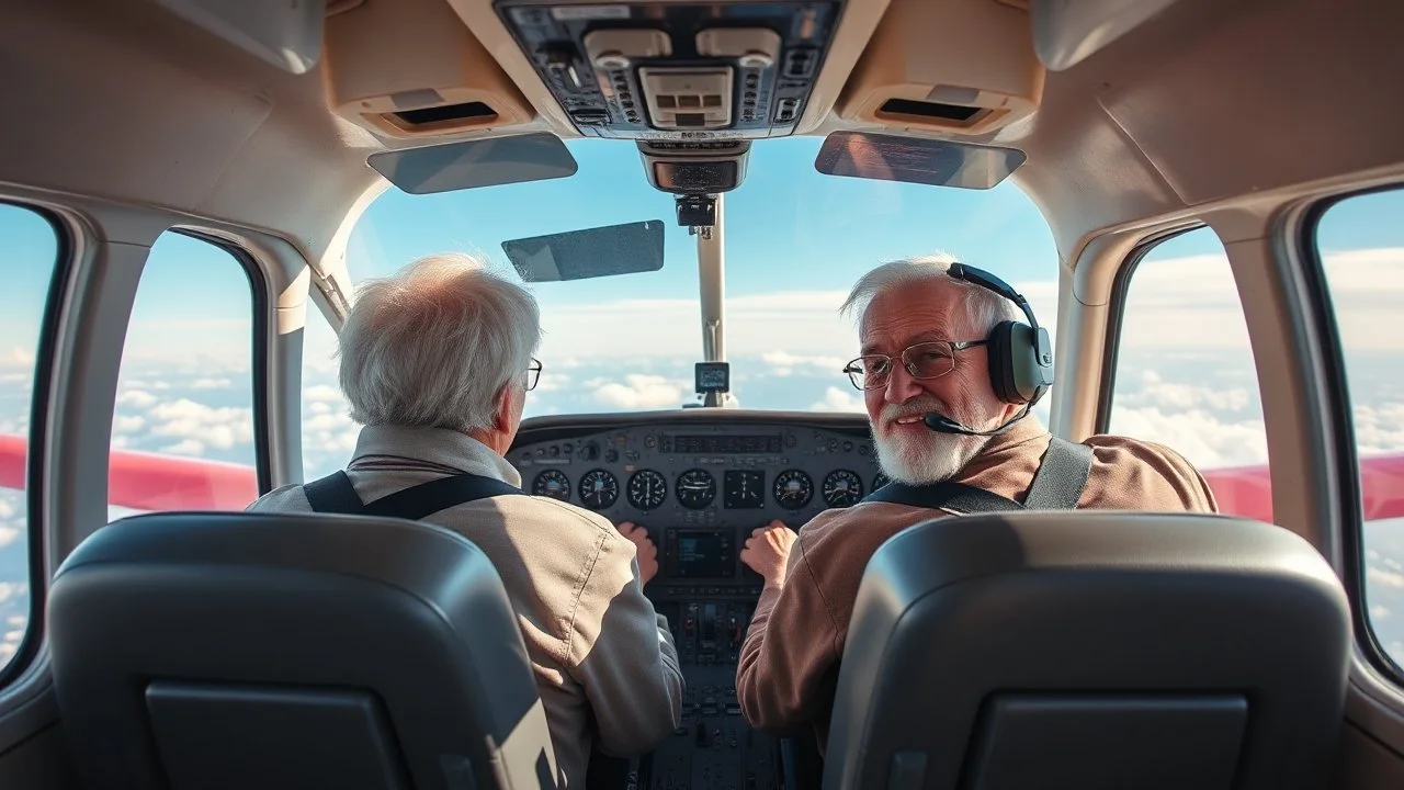 Elderly pensioners piloting an airliner. Photographic quality and detail, award-winning image, beautiful composition, 28mm lens.