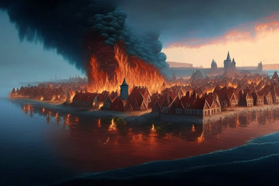 Dutch island city with walls on fire in the distance