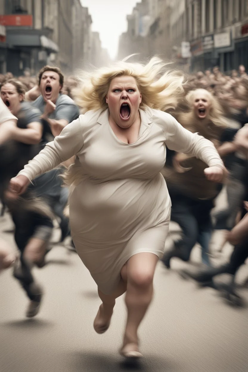 an obese terrified blonde woman running away from an angry mob of hundreds chasing behind her