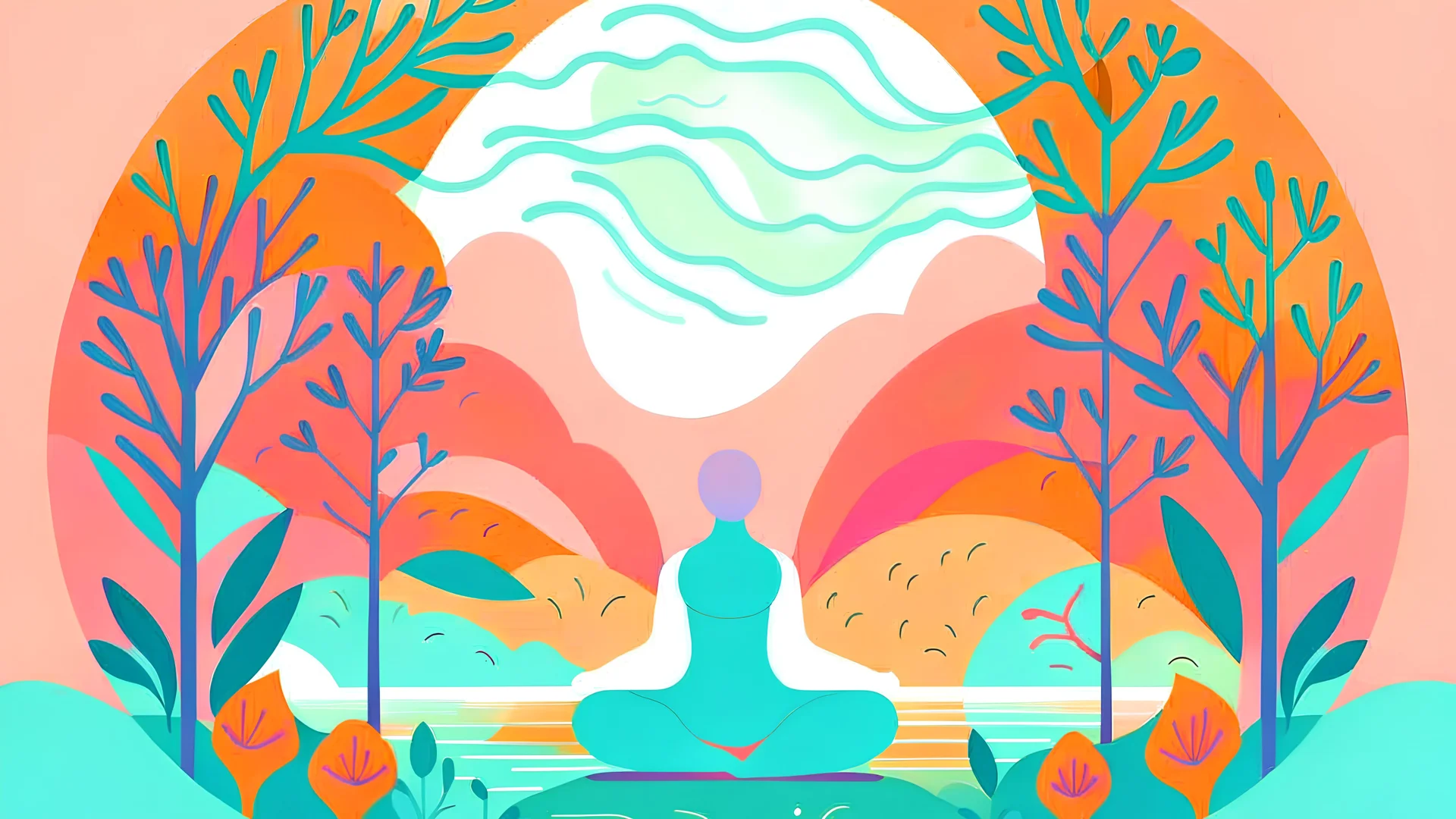 Create a serene flat design illustration for a yoga and well-being website banner. Use a soothing color palette and depict a tranquil yoga scene with a yogi in a meditative pose surrounded by nature.