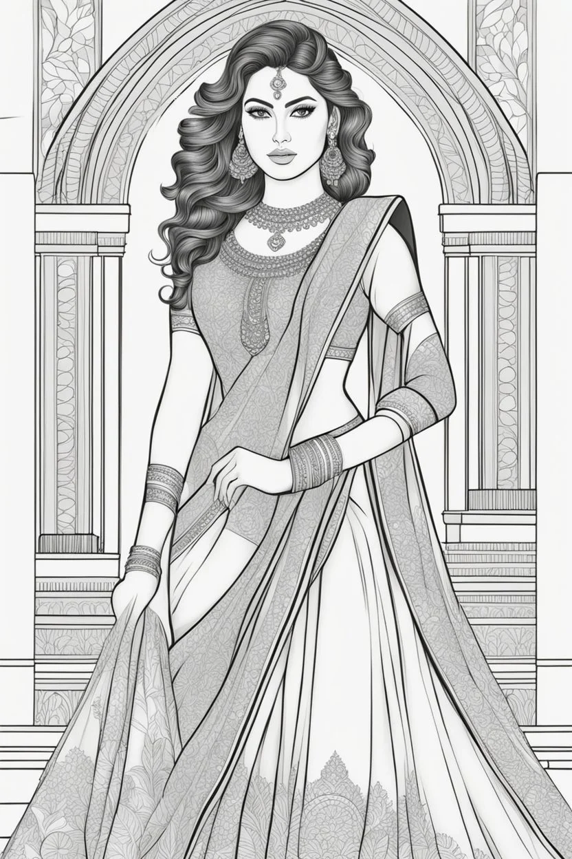 coloring page for adults of fashion model wearing hindi dress, thick and clear lines hair, full body portrait, style clean coloring page for adults, cartoon style, clean line art high detailed, white background, coloring book style, 8k, no-shading, thick lines hair, no-grayscale, lines hair