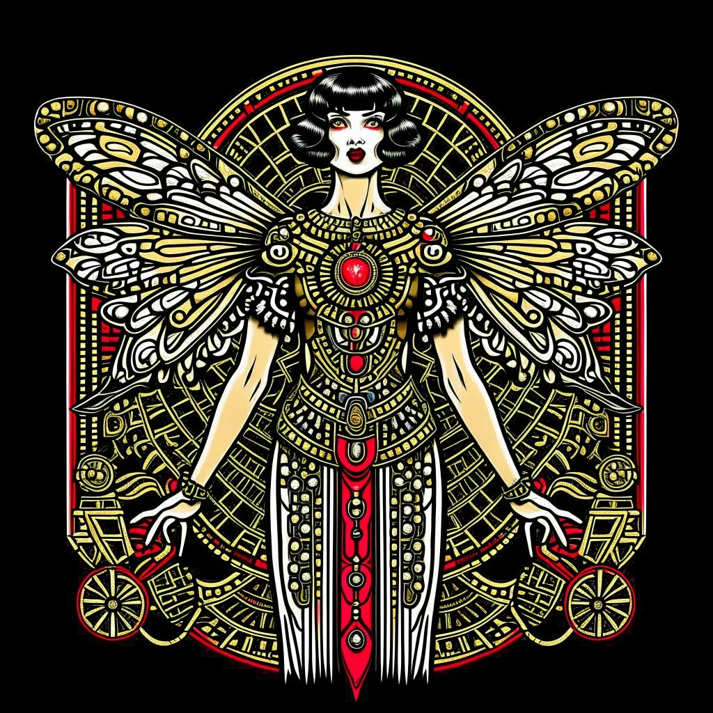 Full Body, Art Nouveau Woman With A Bob With A Fringe Hairstyle, Cleopatra Clothing, Steampunk Metal moth with red wings, Black Background