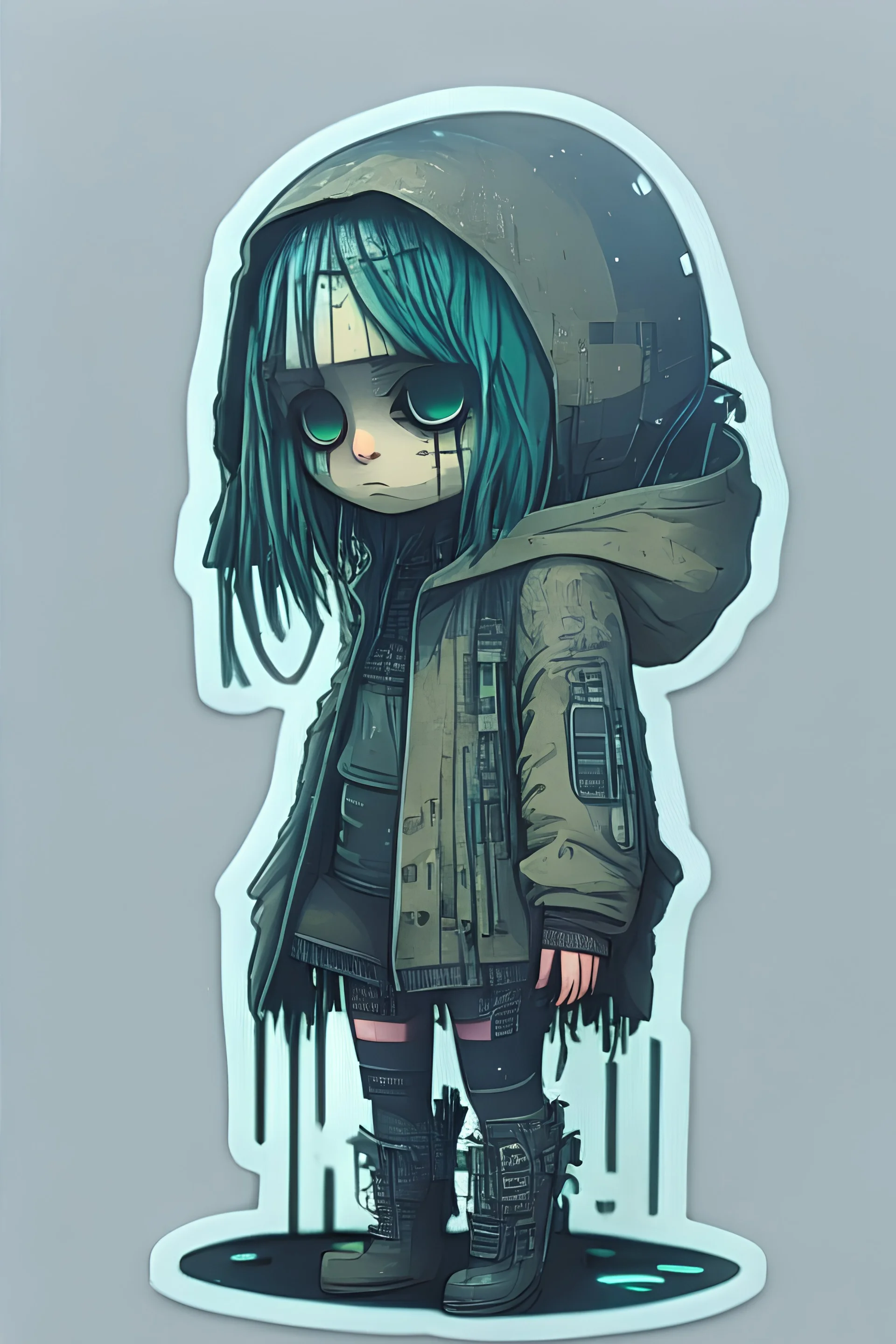 Sticker Creepy cyberpunk girl, illustration by John Kenn Mortensen, high detailed, 4k resolution, digital paiting, cute, art, no background,