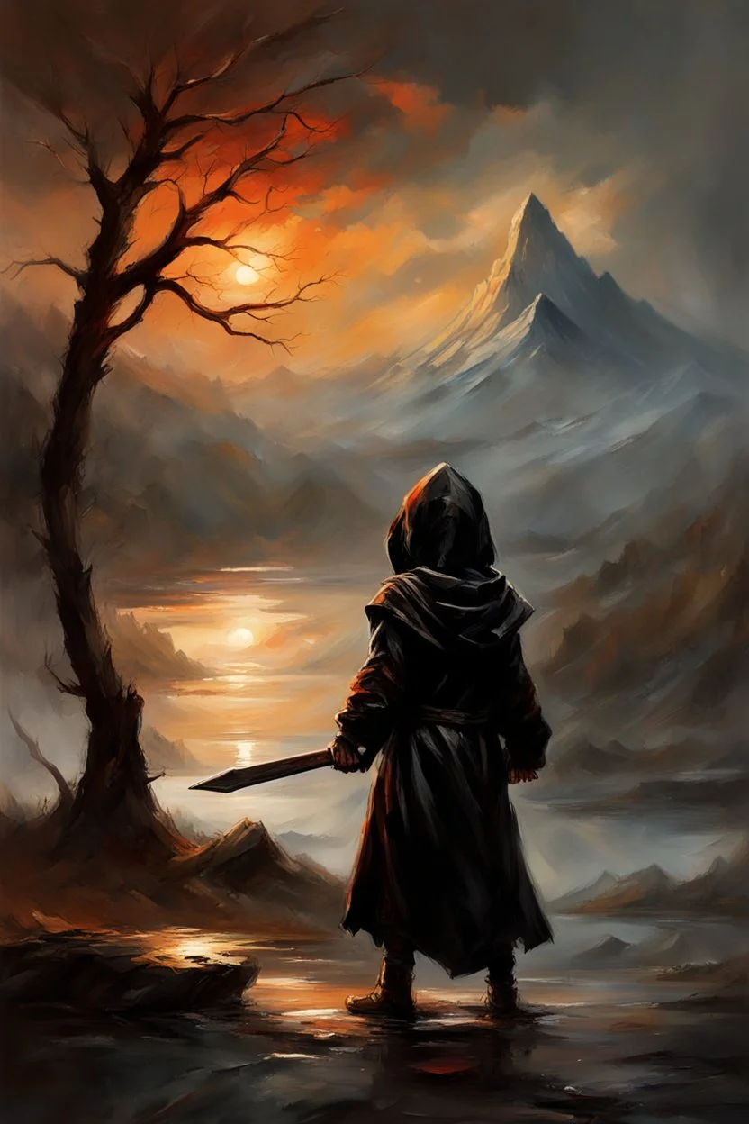 A formidable warrior-a 10-year-old boy in a black robe with a hood, on the background Amazing gloomy landscape, flooded with sunset, mountains, trees, fabulous scary hero, , juicy emotions, painting, dark fantasy, bad weather, gloomy day, dark world, by Raymond Swanland & Anna Razumovskaya & James Paick & Alyssa Monks