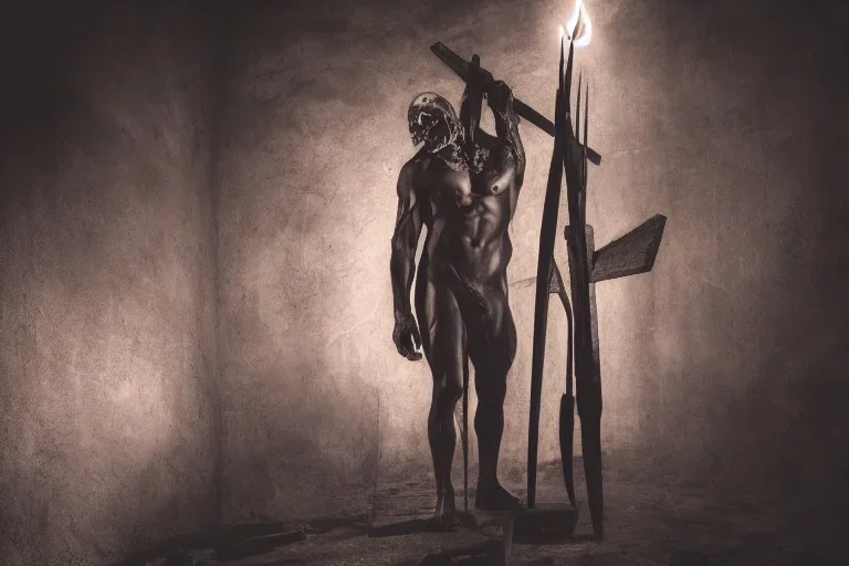 Full body photography of Church executioner, Fire theme art, Dark moody night atmosphere, by Michelangelo, 8K, high body details, anatomically perfect bod, ignore NSFW