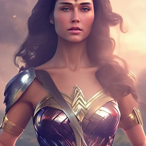 Wonder woman posing in front of a mirror holding a large sword, futuristic design, a paradise in background, close-up face, geometric armor, female face, 3d unreal engine, black face, close up armor, church detail, lovely face