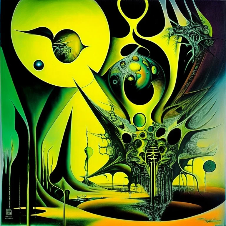 Global warming paradigm shift, abstract surrealism, by Graham Sutherland and Arthur Secunda and H.R. Giger, silkscreened mind-bending illustration; asymmetric, Braille art, warm colors, dark shine, by norman Bel Geddes, saturated colors, atmosphere guided by N(t)=N0​⋅e−kt