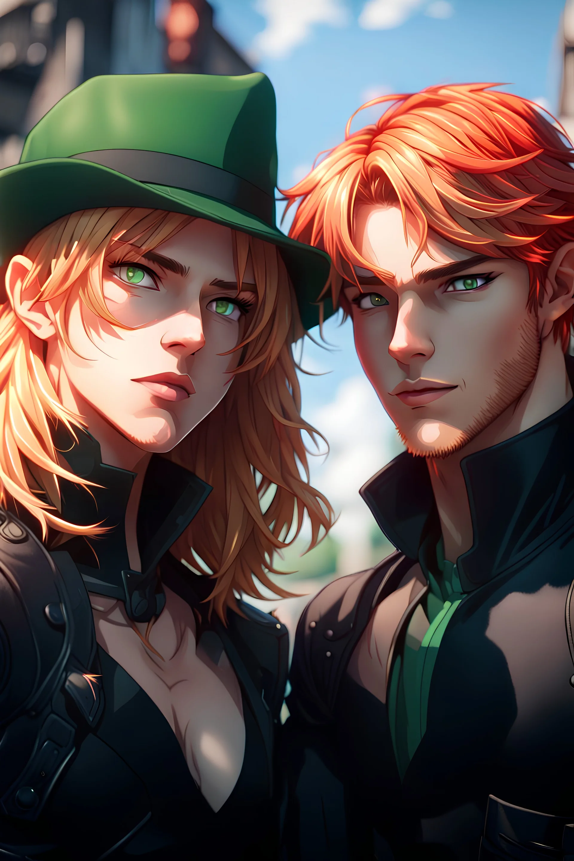 Two persons, brothers of the one blood, nightlife, also afternoon, when in the summertime, 8K resolution, high quality, ultra graphics, and detailed with lines.,<lora:handsomeDetailedEyes_v10:0.5>,green eyes, blonde hair, red hair, streaked hair, gloves, hat, black gloves, lilac headwear, ahoge, gray gloves, ascot, brooch, lavender headwear, frills