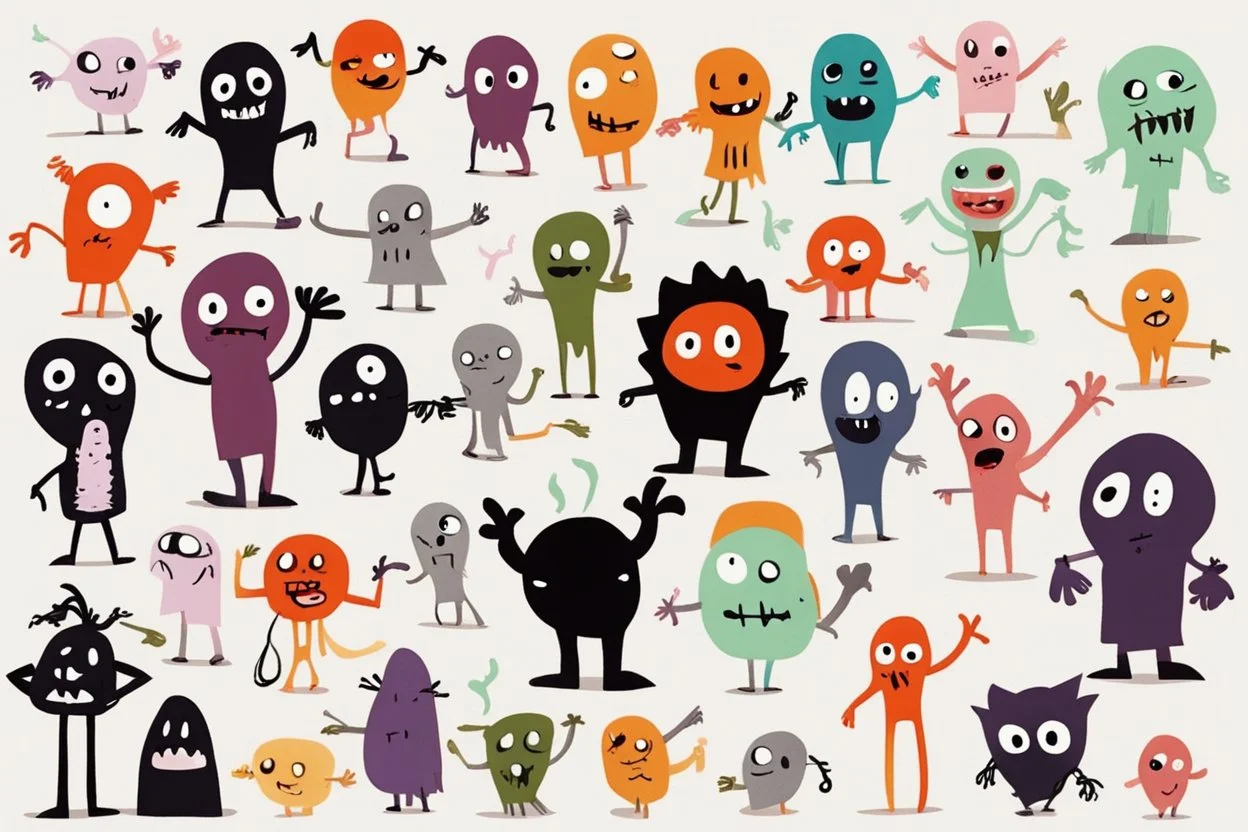 make a bunch of simple hand-drawn spooky and cute cartoon characters with bodies arms, and legs I could draw and make them all different