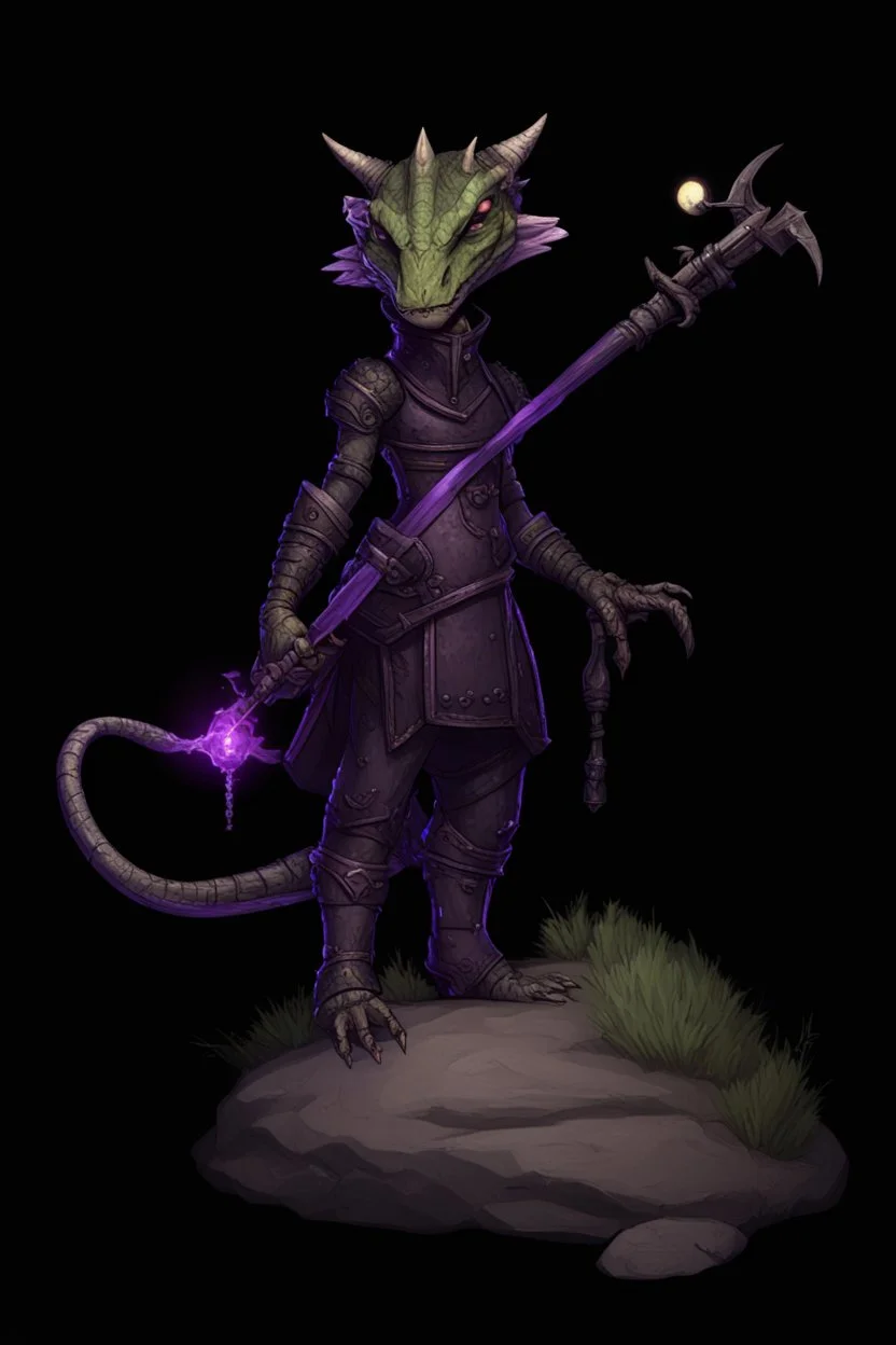 a black and purple, female argonian artificer who uses Tesla coils as weapons, skinny, lightly armored