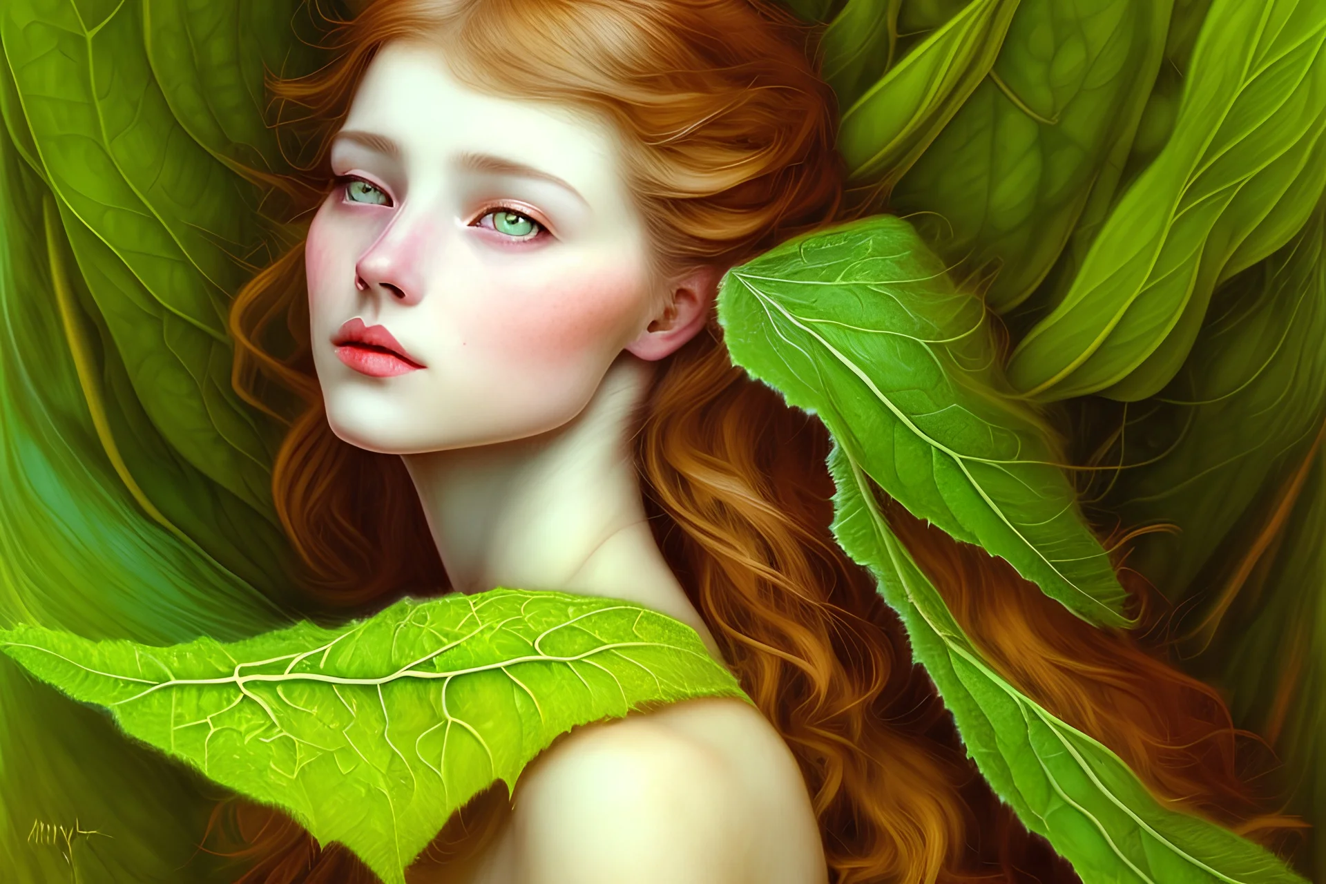 Portrait of a young woman in the style of Arthur Rackham of a young, rhubarb leaf enshrouded green woman. She is beautiful and has red highlights