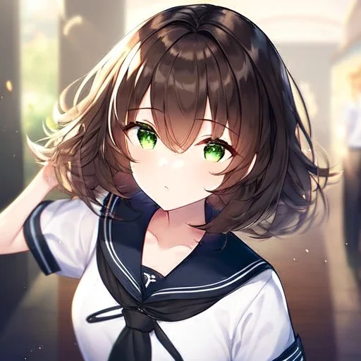 Clear focus, High resolution, short dark brown fluffy hair, green eyes, wearing a black sailor uniform