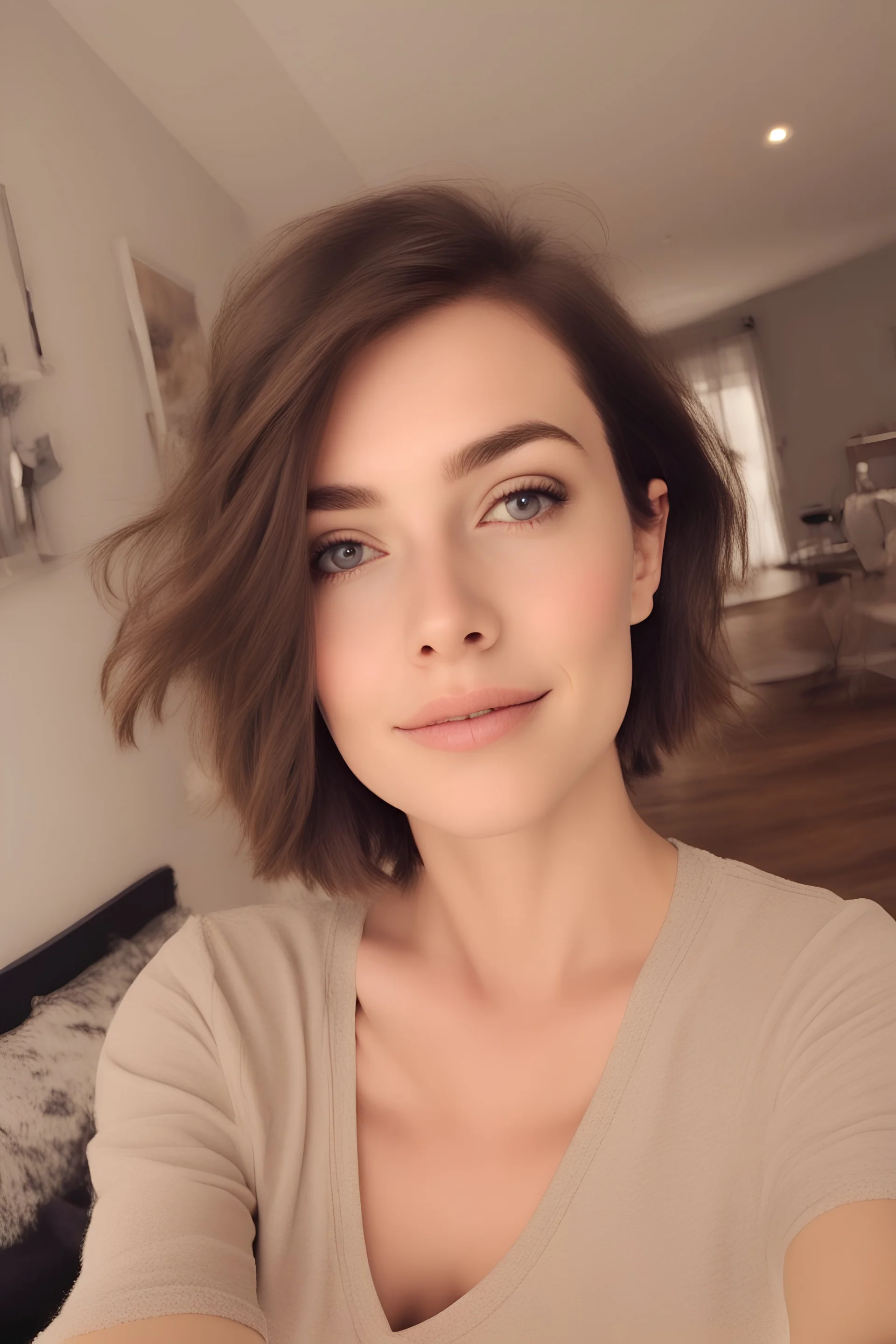 A selfie of a brunette woman with a round face, short hair and small eyes taken at home.