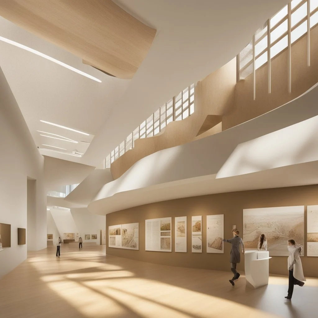 Museum design with “interactive exhibition halls”, natural lighting, modern style, earthy colours