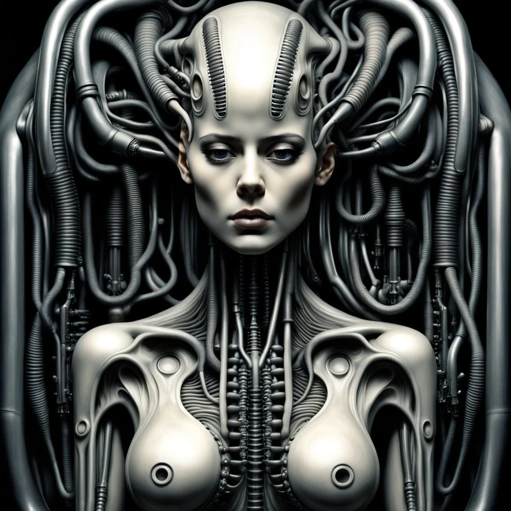 The biomechanical woman created by HR Giger, famous for his work on the Alien franchise, is a striking and surreal fusion of organic and mechanical elements. Her body is often depicted as a complex network of tubes, cables, and other mechanical components seamlessly integrated with her human form. The result is a truly unique and unsettling creature that blurs the line between man and machine. Giger's biomechanical women are often depicted in a state of eerie calm, their features an unsettling m