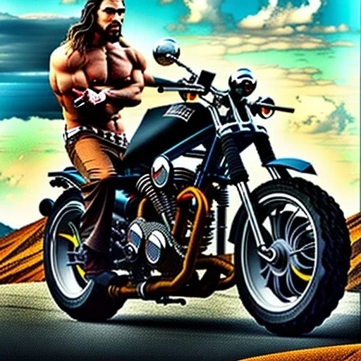 Jason momoa sur moto, torse nu, route 66 usa