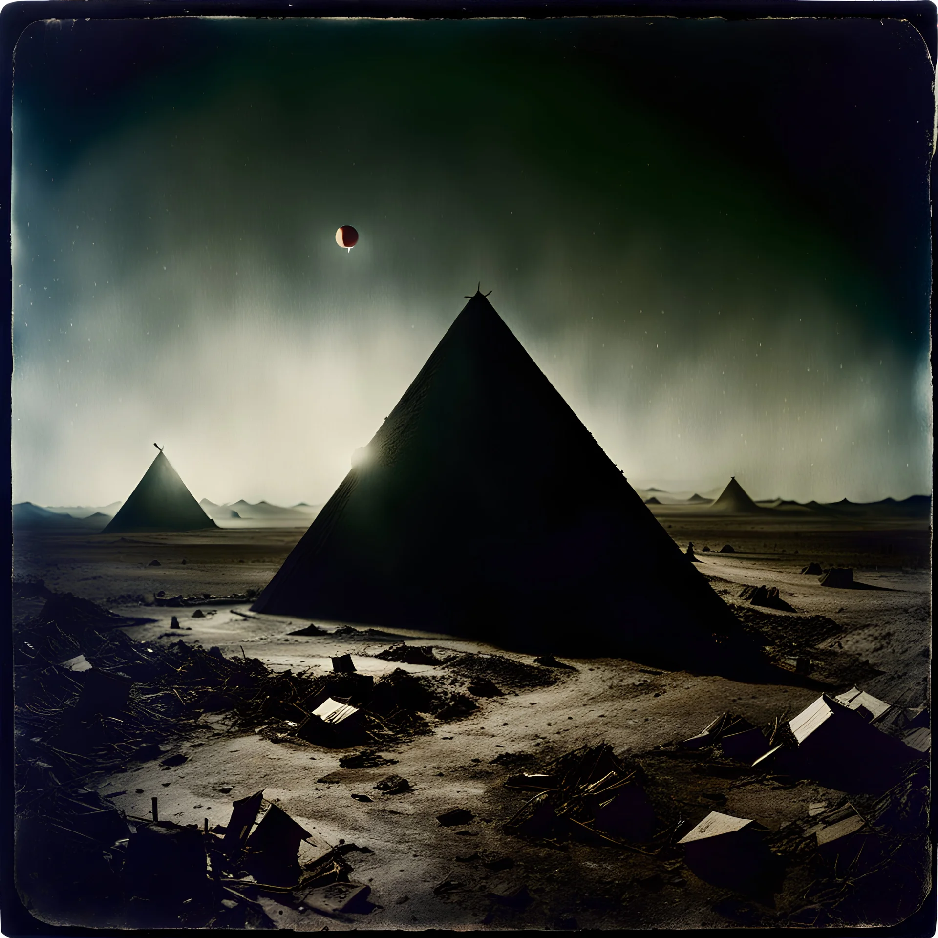 Photorealistic polaroid nothingness and distress, wasteland night Max Ernst Hieronymus Bosch, volumetric light, movie shot, details, high contrasts, nightmare, hypermaximalist