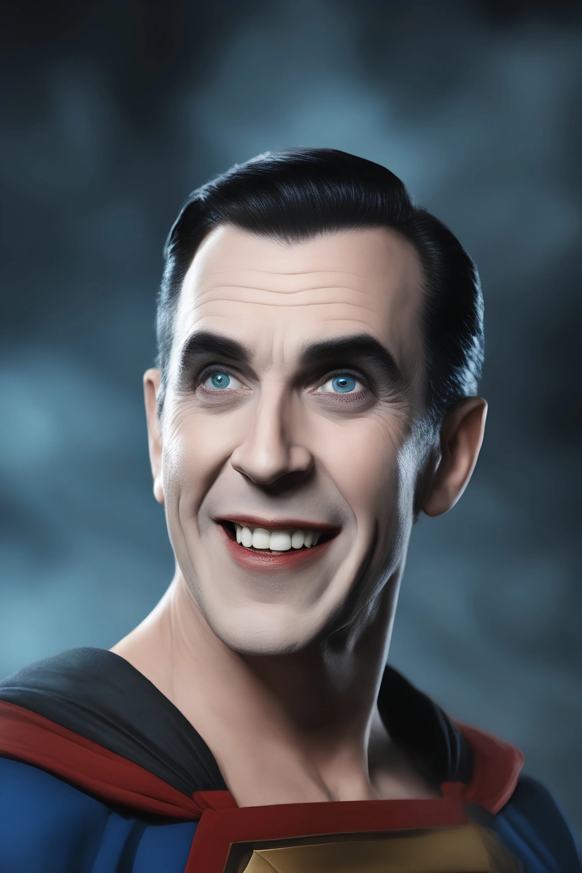 Bela Lugosi as Herman Munster Superman, laughing - Blue eyes - full color - 32k, UHD, 1080p, 8 x 10, glossy professional quality digital photograph - dark foggy gradated background, historic, powerful, octane rendering, exquisite detail, 30 - megapixel, 4k, 85 - mm - lens, sharp - focus, intricately - detailed, long exposure time, f8, ISO 100, shutter - speed 1125, diffuse - back - lighting, ((skin details, high detailed skin texture)),