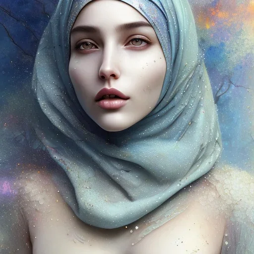 dripping watercolor paint as woman's face, dissolving, disintegrating, wearing hijab, fine detail, highly intricate, wearing blue hijab, modern surrealism painting, fog, high-quality, volumetric lighting, 8k, ultrahd, George Grie, Marco Escobedo, Igor Morski,Brian Froud, Howard Lyon, Selina French,