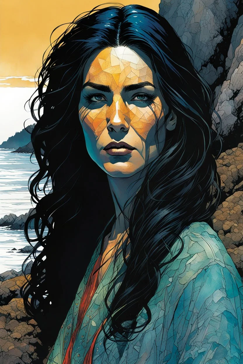 create a closeup front facing, full body print illustration of a raven haired female Salish shaman with finely detailed hair and feminine facial features, along the rocky shore of Vancouver Island , in the comic book art style of Bill Sienkiewicz, Mike Mignola, Sparth, Maxfield Parrish, and Jean Giraud Moebius, finely textured, drawn, colored, and inked, suffused with dramatic natural light, chiaroscuro