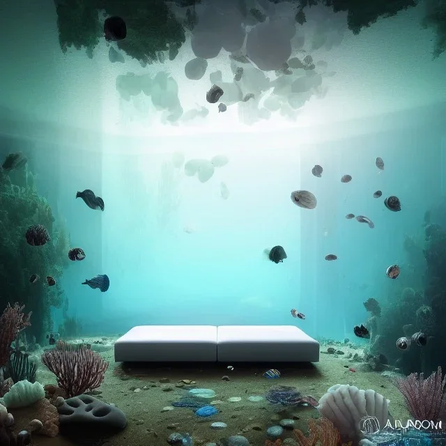 a gorgeous, stunning underwater room with white couch on dark wood floor, stones and foliage in room, ocean marine life behind glass wall, 8k resolution, high-quality, fine-detail, iridescent, intricate, digital art, detailed matte, volumetric lighting, illustration, 3D octane render, brian froud, howard lyon, selina french, anna dittmann, annie stokes, lisa parker, greg rutowski, George Grie, Ben Goossens, Igor Morski