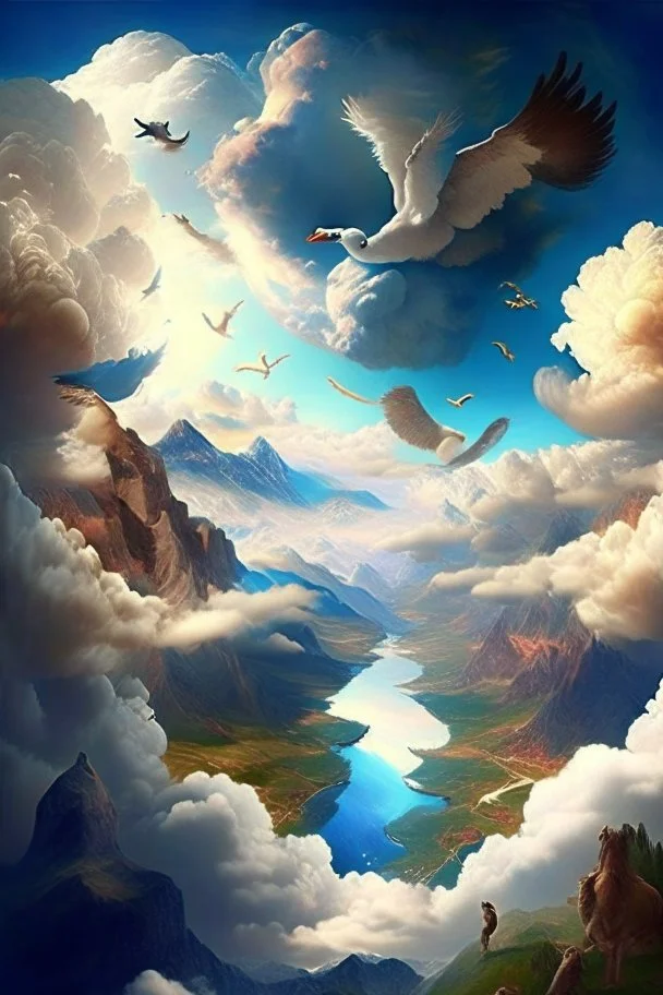 The creation of the world by God. In front of us is a valley with a beautiful landscape, where beautiful animals roam, beautiful birds fly in the sky, beautiful clouds and God in the clouds