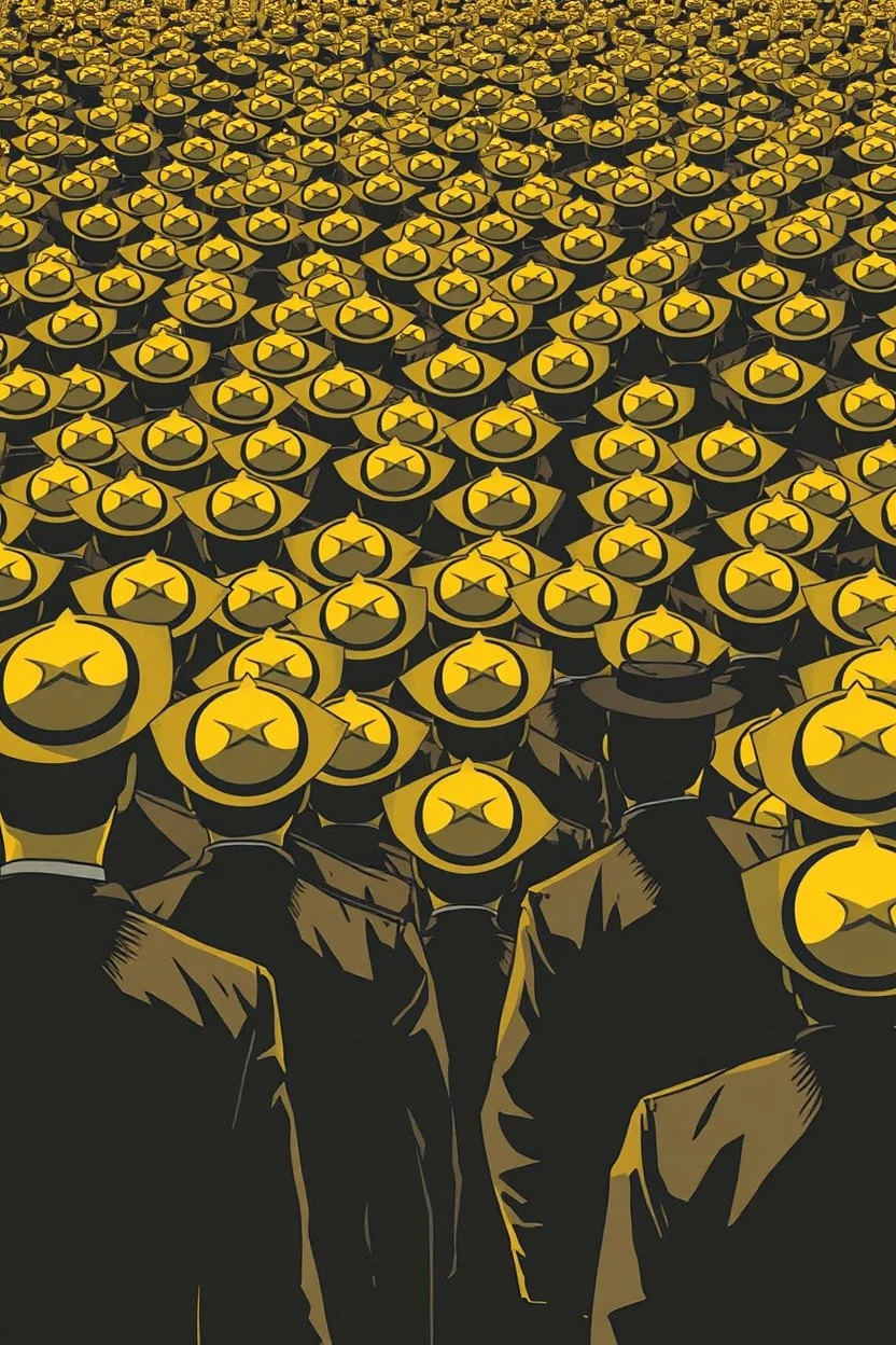 "A conceptual black-and- yellow Red digital illustration of a massive heads with yamacca Jewish hats walking in the same direction, heads up, symbolizing conformity. The atmosphere feels lifeless and repetitive, emphasizing the ordinary mindset of the majority."