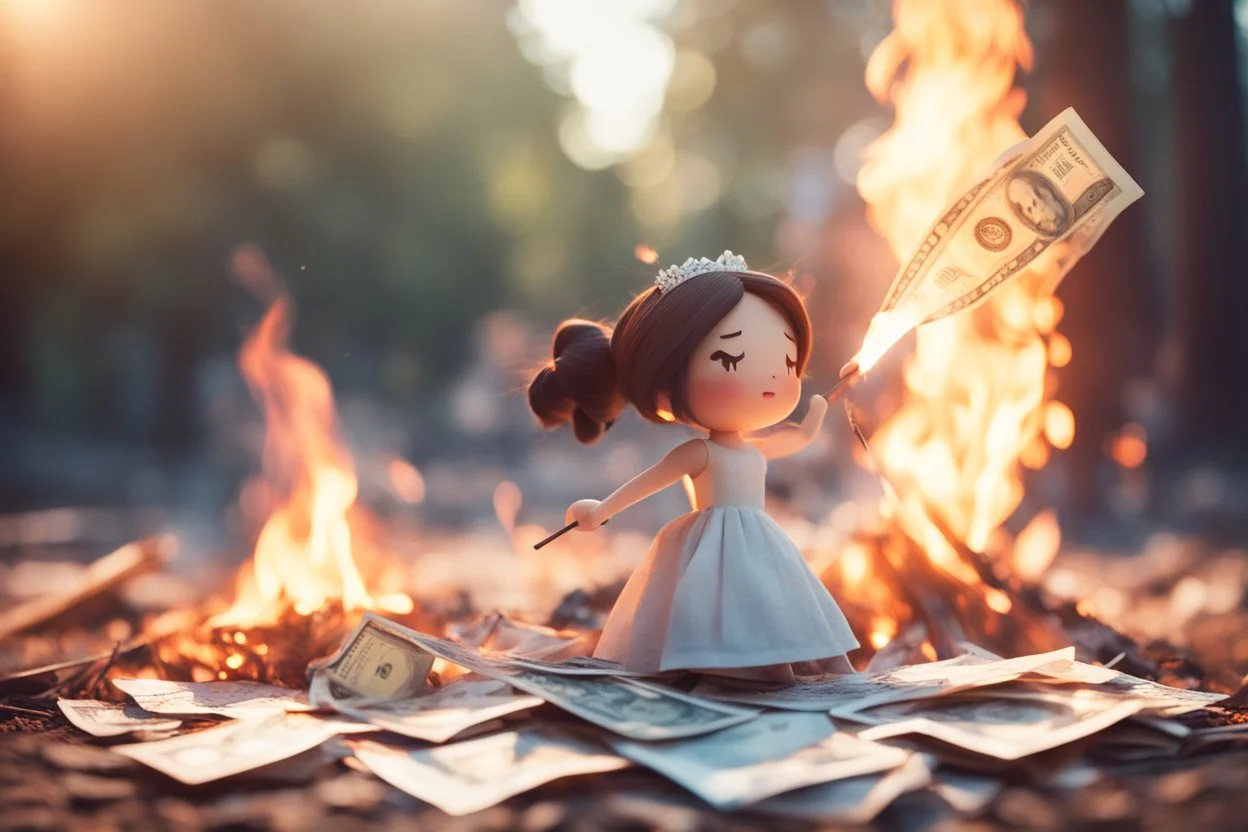 paper money stacks, cute chibi brunette princess desperately throwing a pile of paper money onto a burning bonfire with a pitchfork in sunshine, ethereal, cinematic postprocessing, bokeh, dof