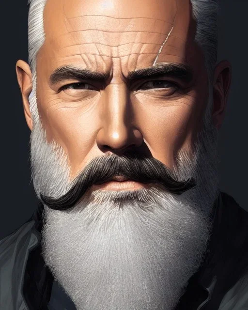 "MIddle aged white human male, with a trimmed but uneven beard, piercing eyes with slick back hair, full-scale head and shoulders portrait, 8k resolution concept art portrait by Greg Rutkowski, Artgerm, WLOP, Alphonse Mucha dynamic lighting hyperdetailed intricately detailed Splash art trending on Artstation triadic colors Unreal Engine 5 volumetric lighting Splash art fantasy"