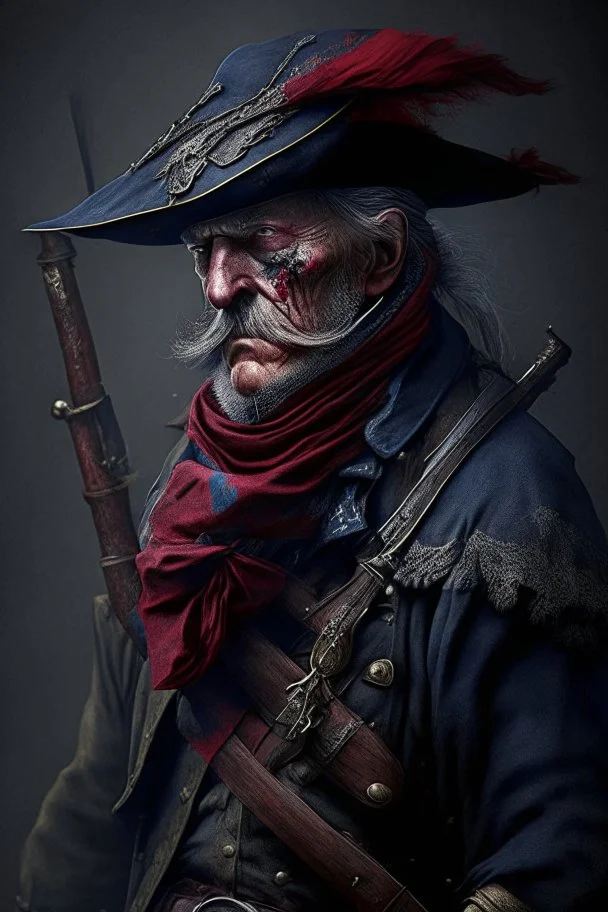 70 years old victorian bloodborne soldier with a musket bandana