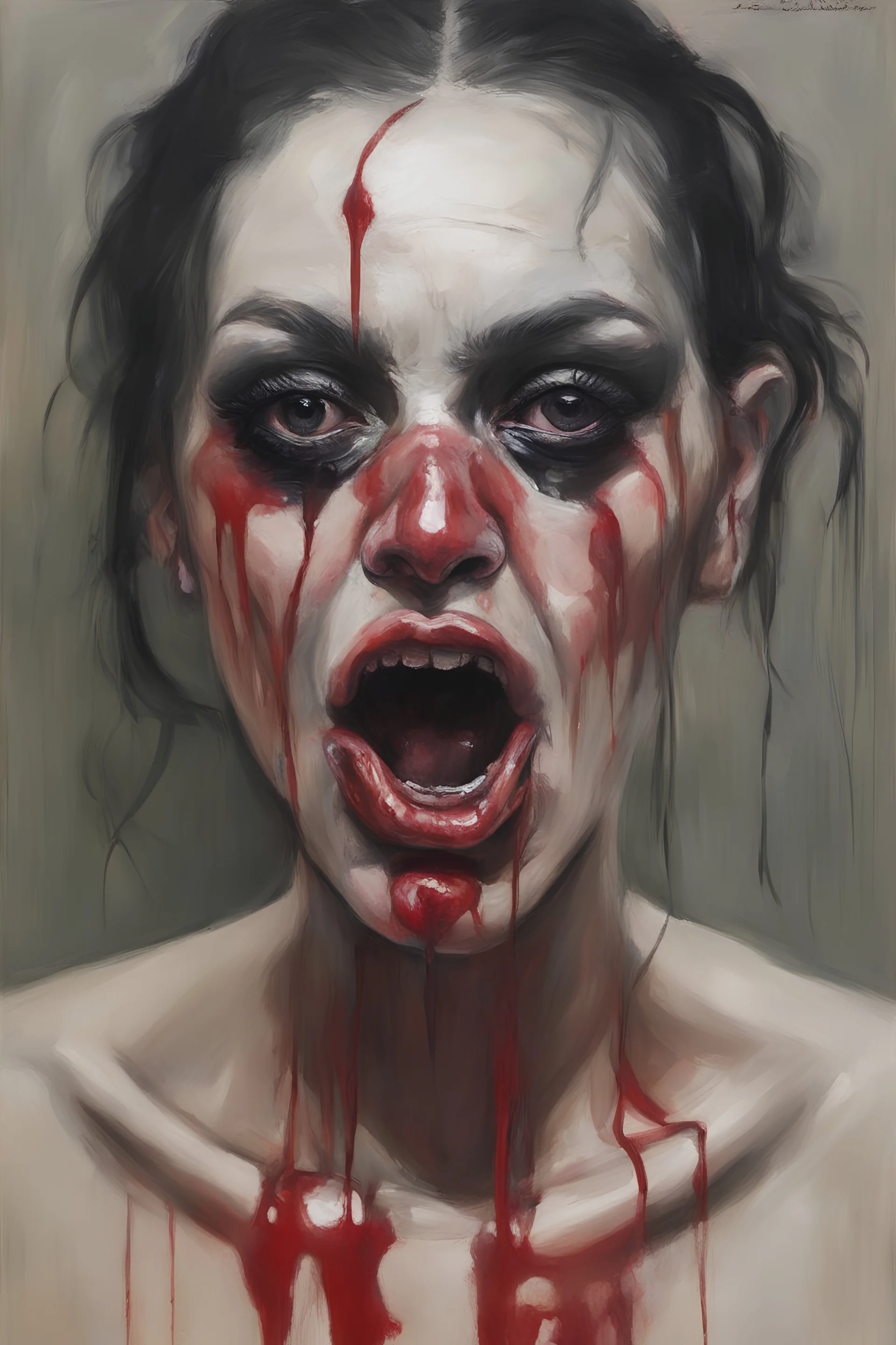 a portrait of an extremely ugly female cannibal prostitute with a black eye and a fat lip and blood dripping from her mouth, oil painting by Zushia Zalarngo