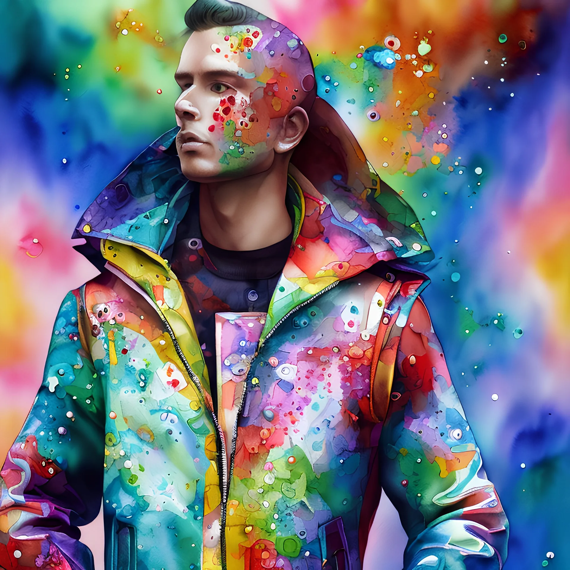 Wearing an abstract watercolor jacket