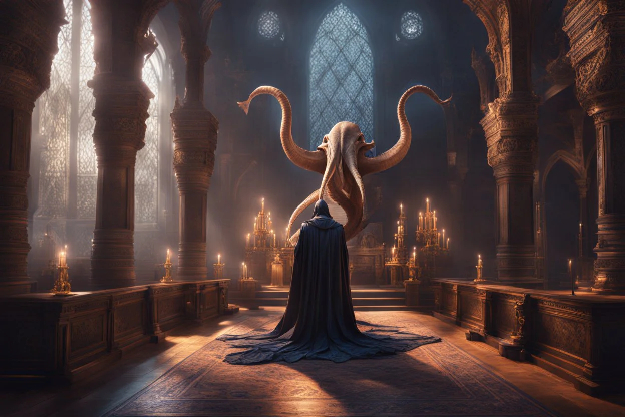 a mind flayer in palace performing a magic ritual. Minions. fantasy concept art, exquisite realism, a masterpiece, dynamic lighting, hyper detailed, intricately detailed, deep color, Unreal Engine, volumetric lighting , Epic cinematic brilliant stunning intricate meticulously detailed dramatic atmospheric maximal,