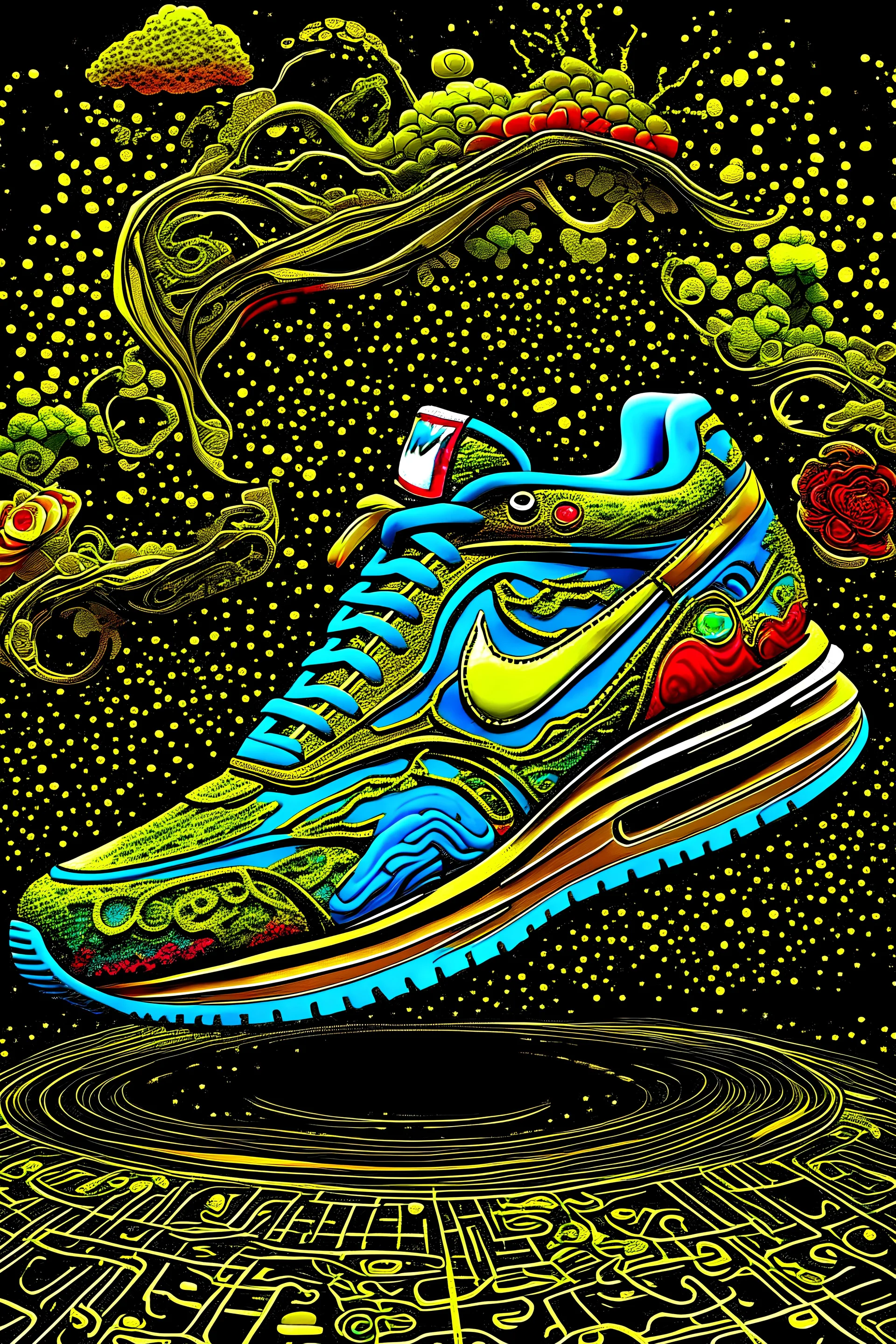 a stunning interpretation of Nike shoe sneaker, advertisement, highly detailed and intricate, golden ratio, very colorful, hyper maximalistic, ornate, luxury, high heels, futurist, style Salvador Dali