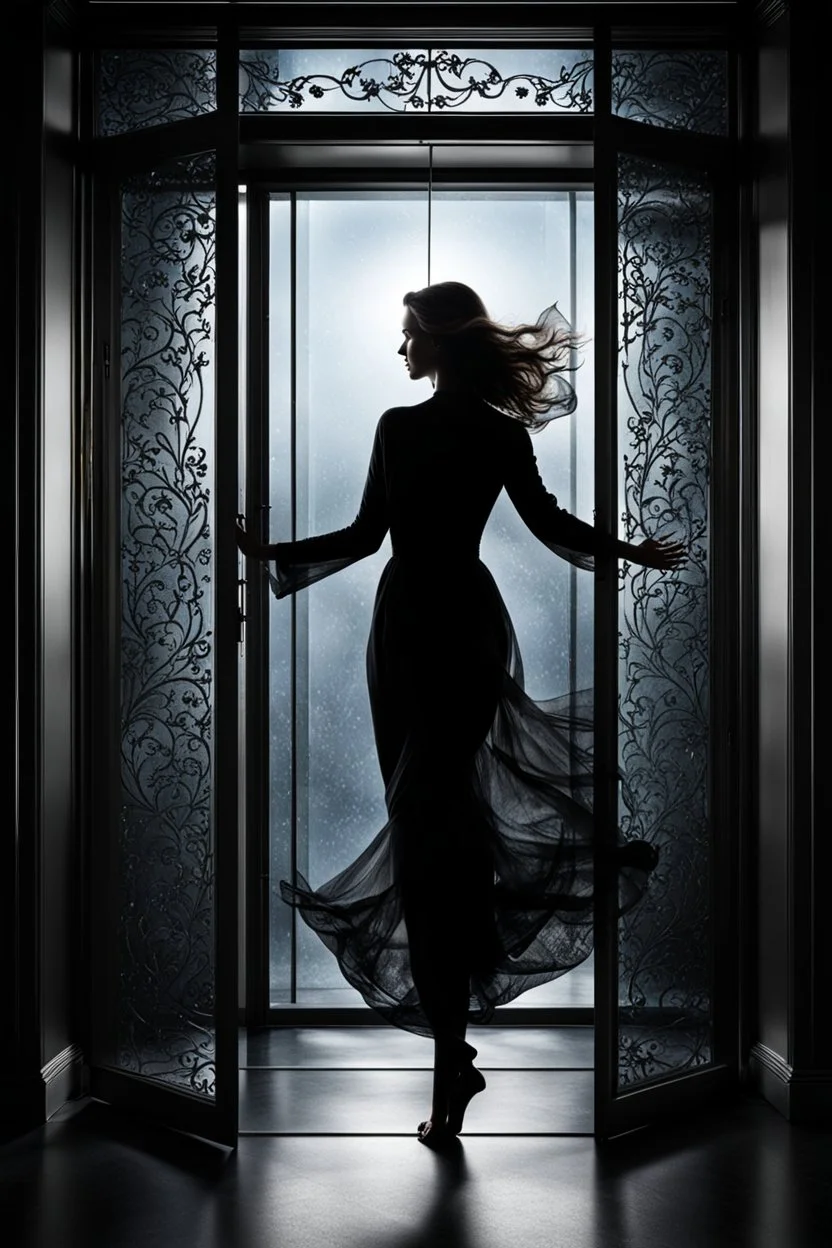 front of is the glass door, a dark silhouette of a dancing woman behind the glass door , front of it is the glass door, high quality, highly detailed, stunning, high realistic picture, impressive, sharp focus, perfect body, perfect shot, professional photo