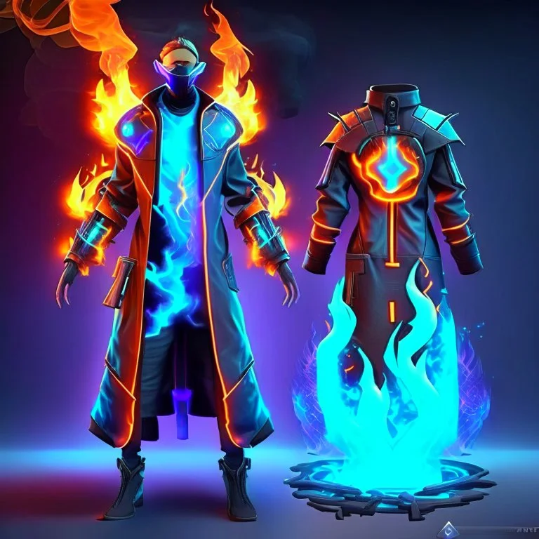 futuristic unique advance sci-fi lab coat, creative costume design idea, and have fire and water and smok