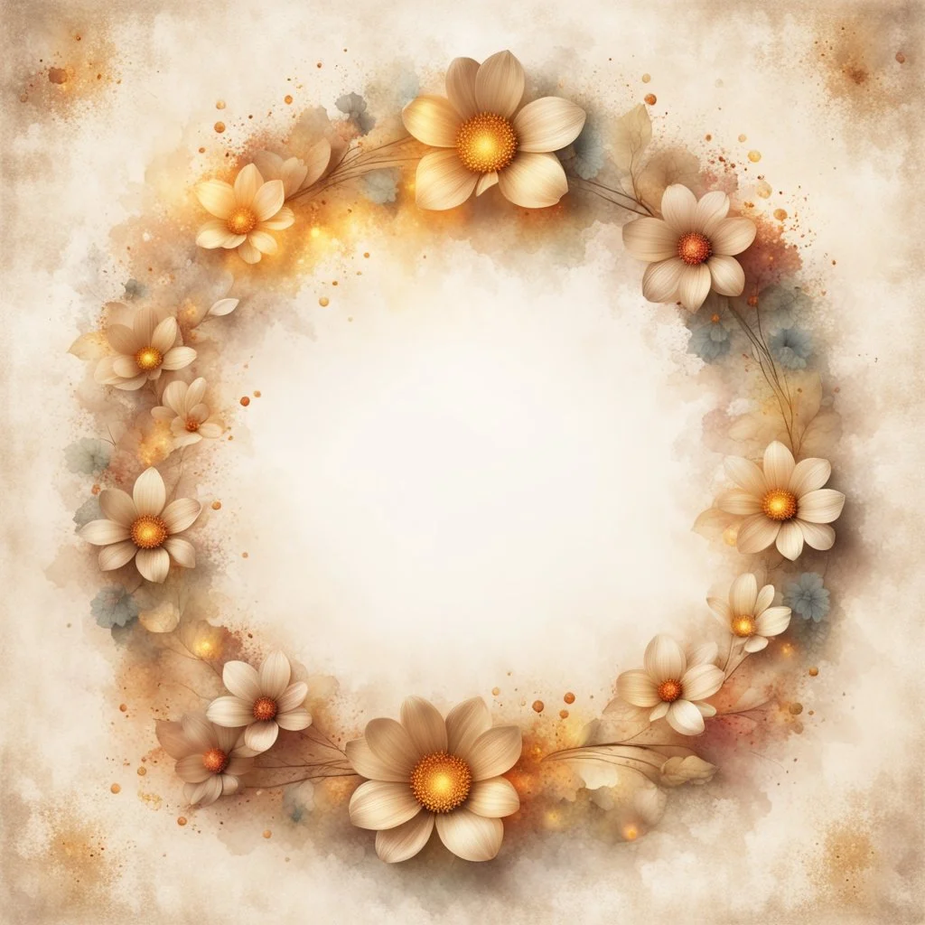 Hyper Realistic Beige small-multicolor-Floral-Circular-Frame With Glowing Golden Embers On Off-White Grunge Background.