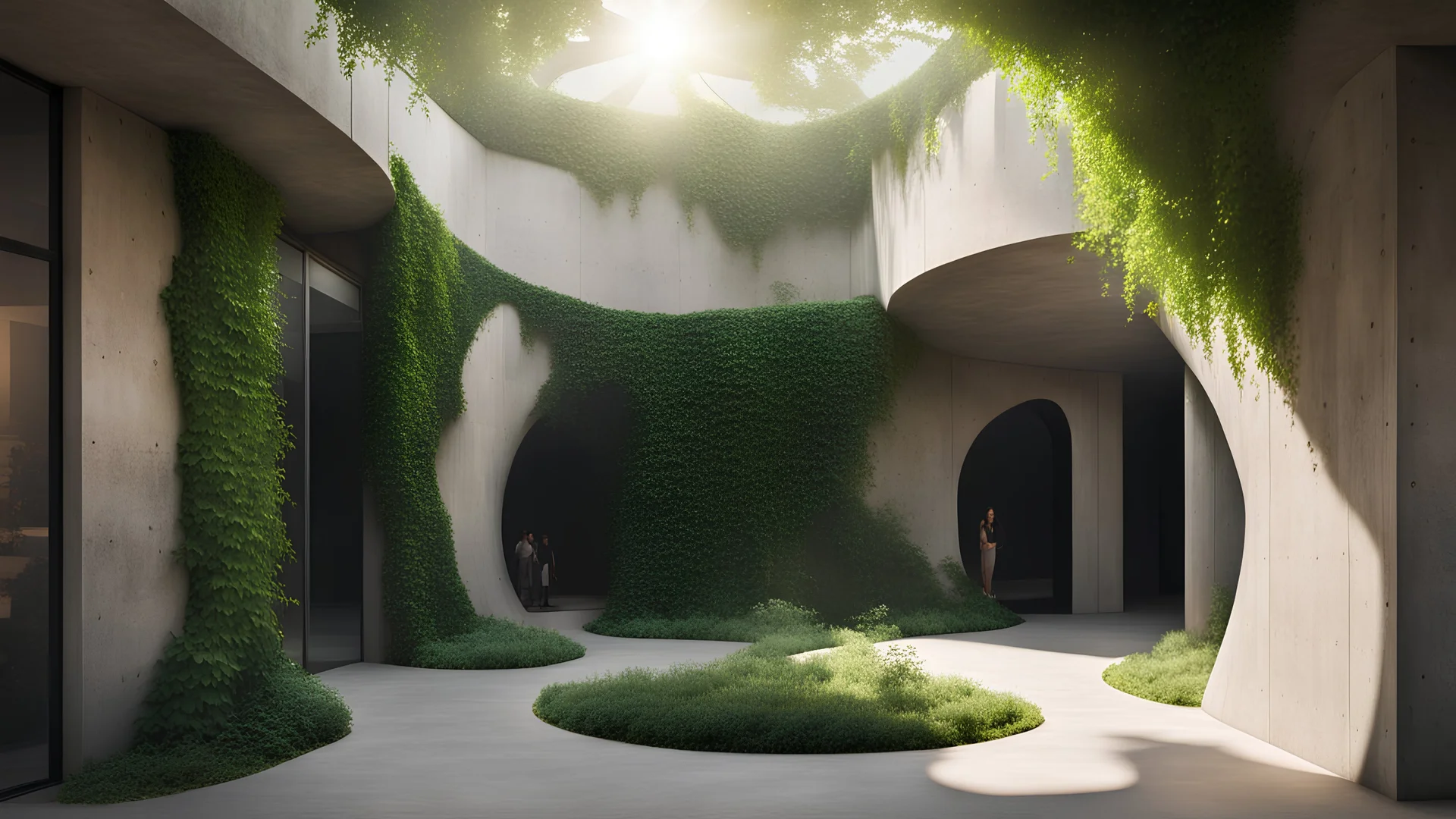 A small and irregular courtyard with curved concrete walls with random openings or openings of different sizes through which the sun's rays enter and other straight glass walls through which the silhouette of people inside can be guessed. Ivy grows on some of the walls.