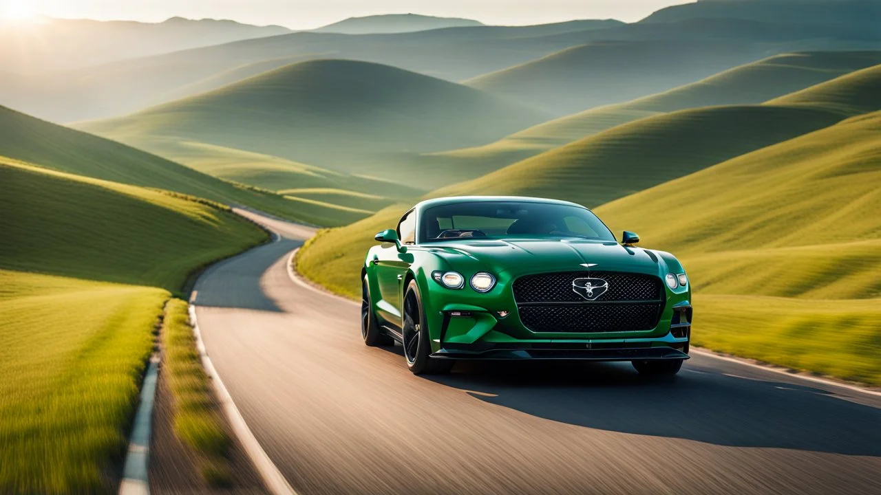 Cross between Ford mustang and bentley, on a road of green hills in morning