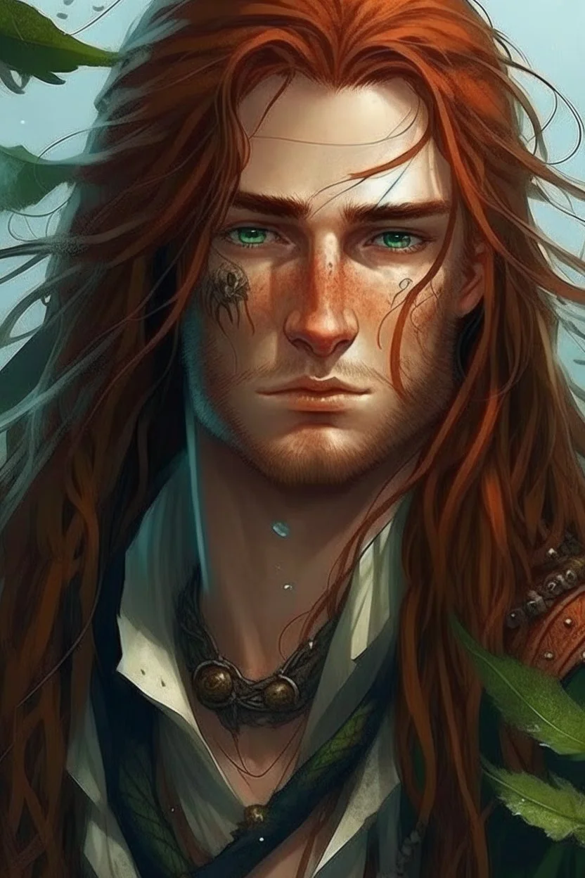 determined wet pirate nereid male with freckles and seaweed in long auburn hair