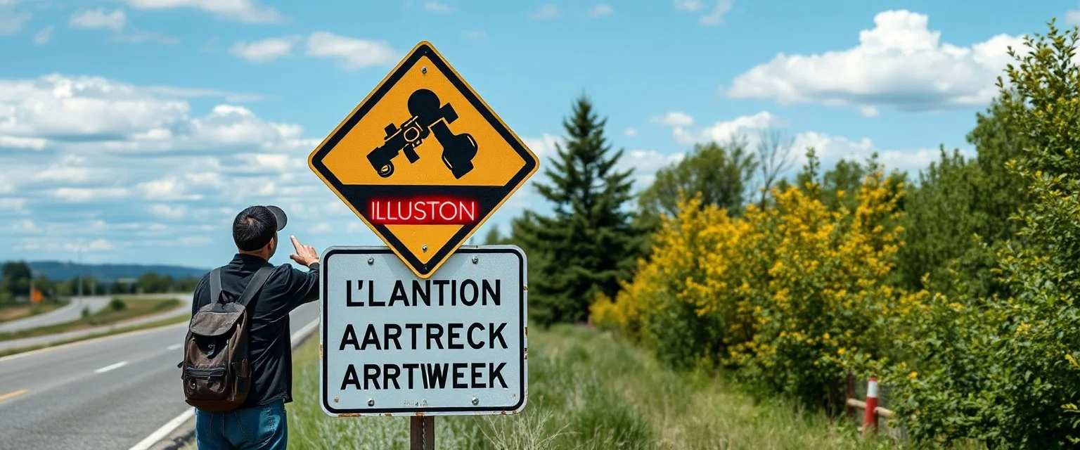 roadside sign warning about dangerous illusions and artwork in the road, people pointing at the sign, it has some beautiful neon artwork
