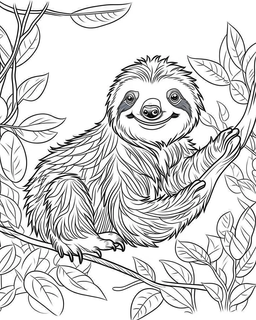 create a 2d black outline, "safari smiling cartoon sloth on a branch coloring book for kids", coloring page, low details design, black contour, coloring page design, simple background, colorful , card style, coloring page for kids, white background, sketch style, safari landscape, cartoon style